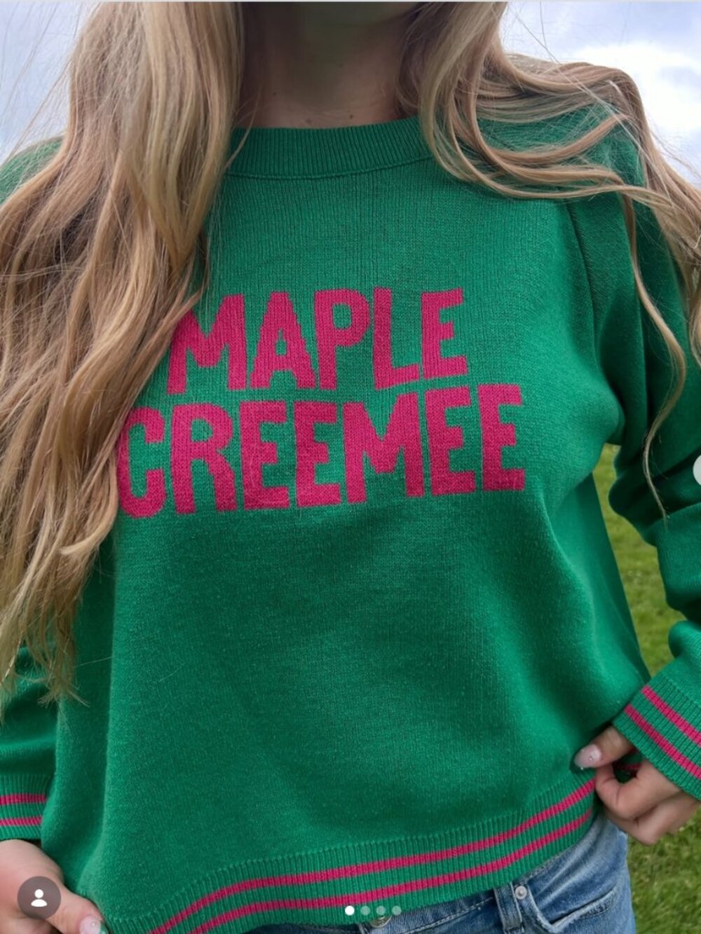 Green Hot Pink Vibrant Maple Creemee Vermont Crewneck Town Pride Sweater L